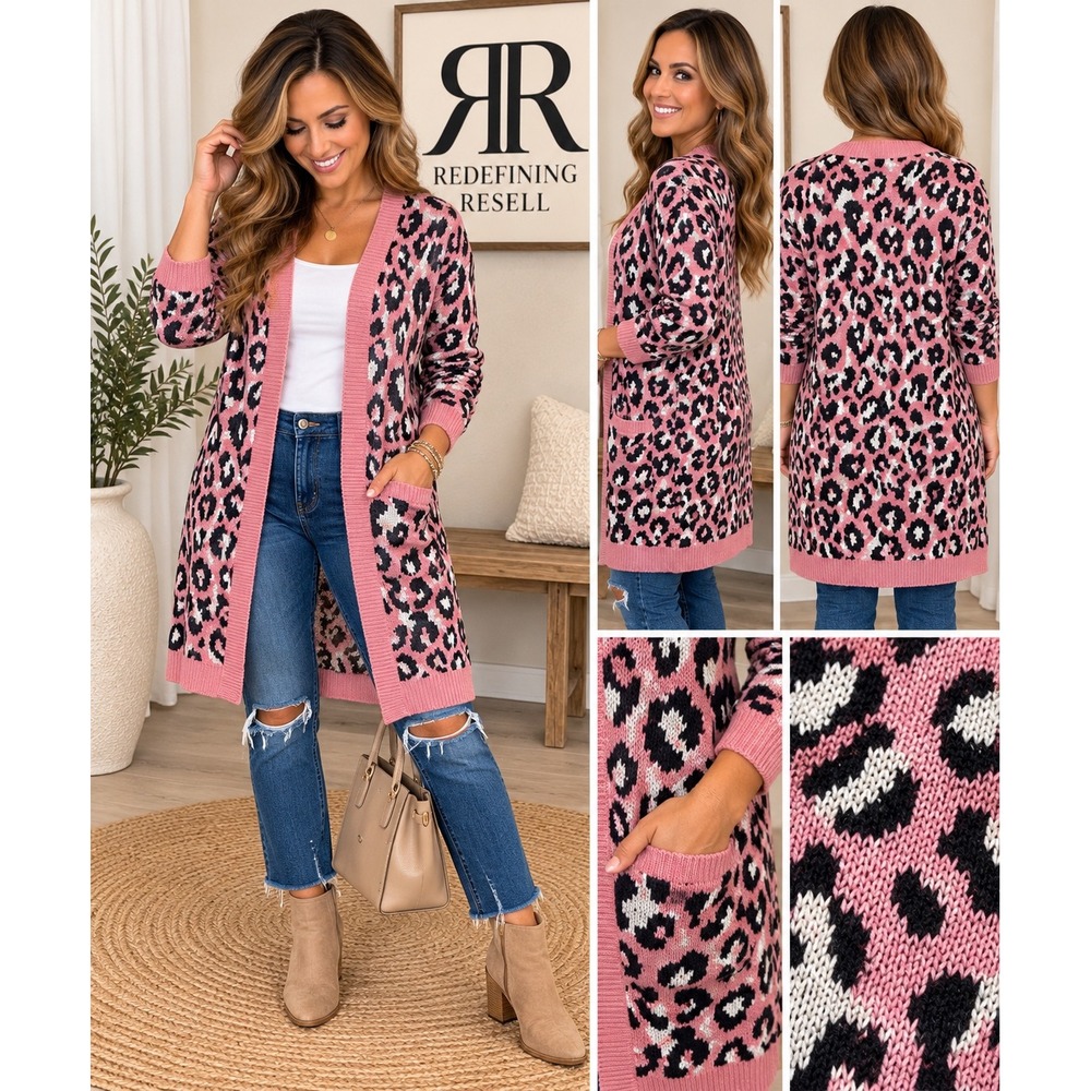 Umgee Pink Leopard Print Longline Open Front Cardigan Sweater Pockets Small